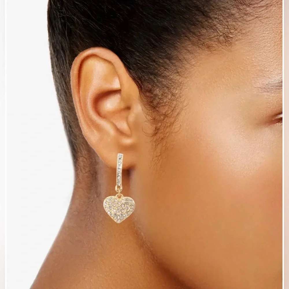 HOLIDAY LANE PAVE PUFFY HEART GOLD TONE CRYSTAL CHARM HOOP EARRINGS Valentine
